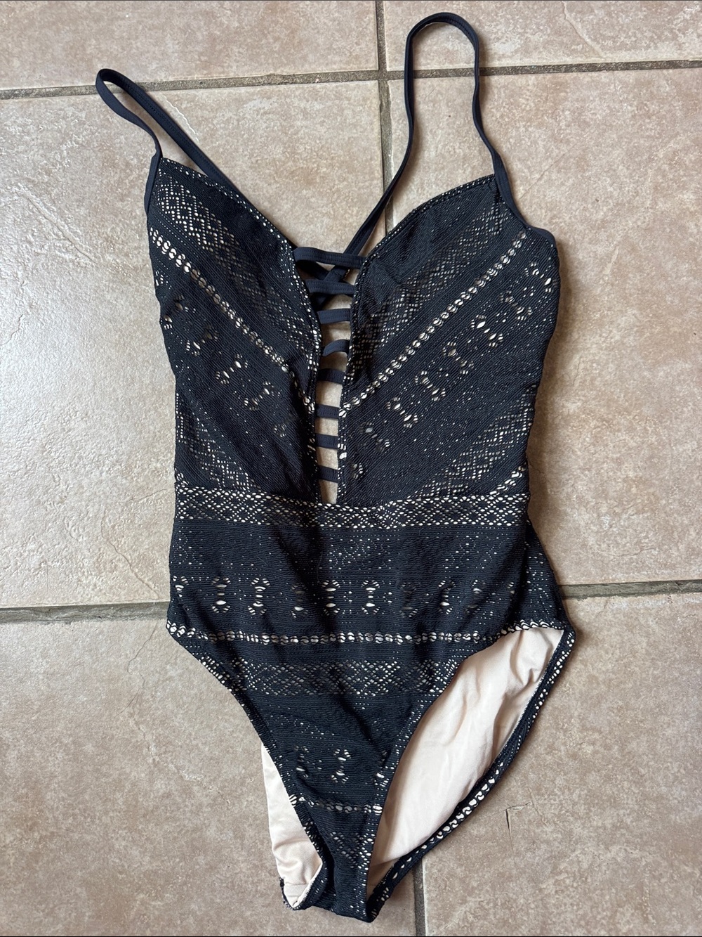 Black Lace One-Piece Swimsuit with Deep V and Strappy Detail Size 14